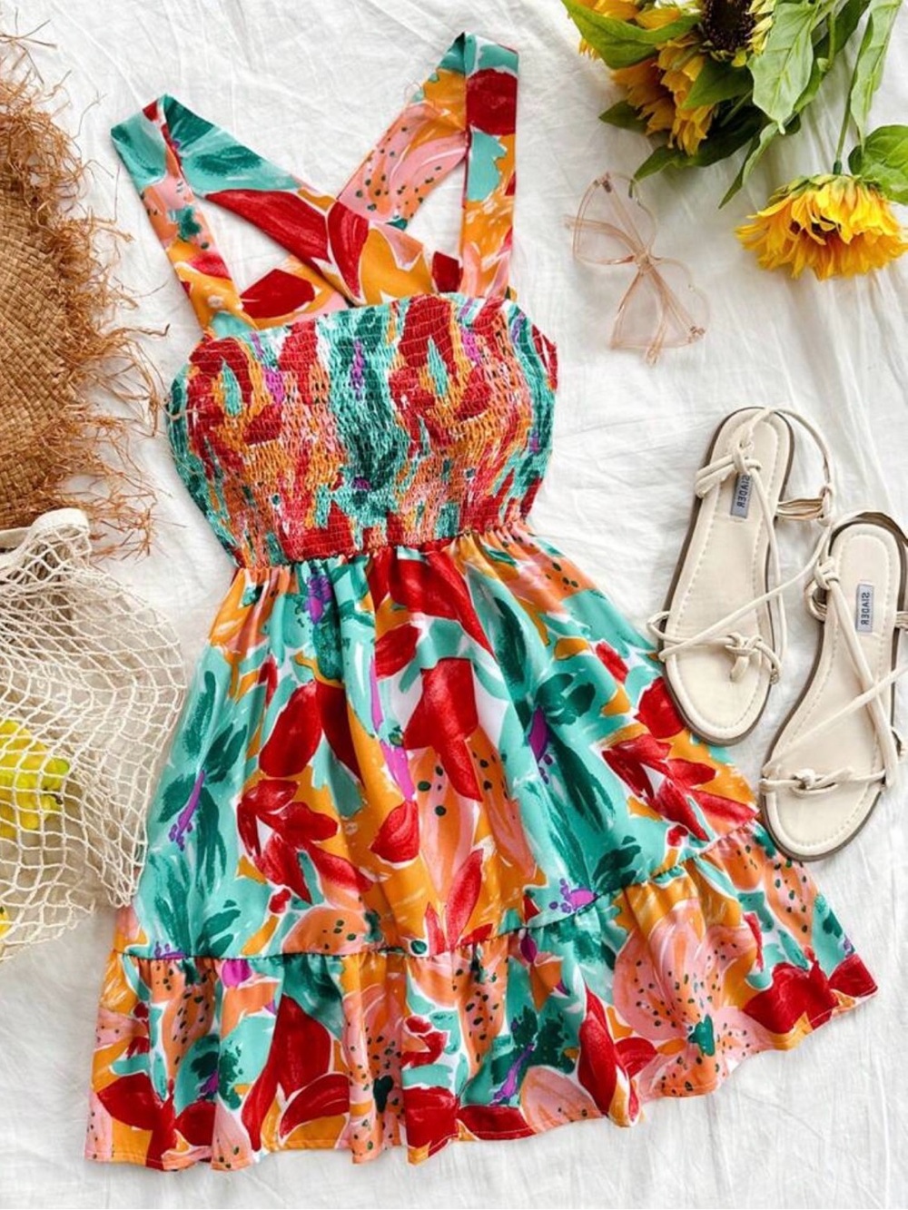 SHEIN Multicolor Floral Smocked Sundress - Turquoise, Red & Coral
